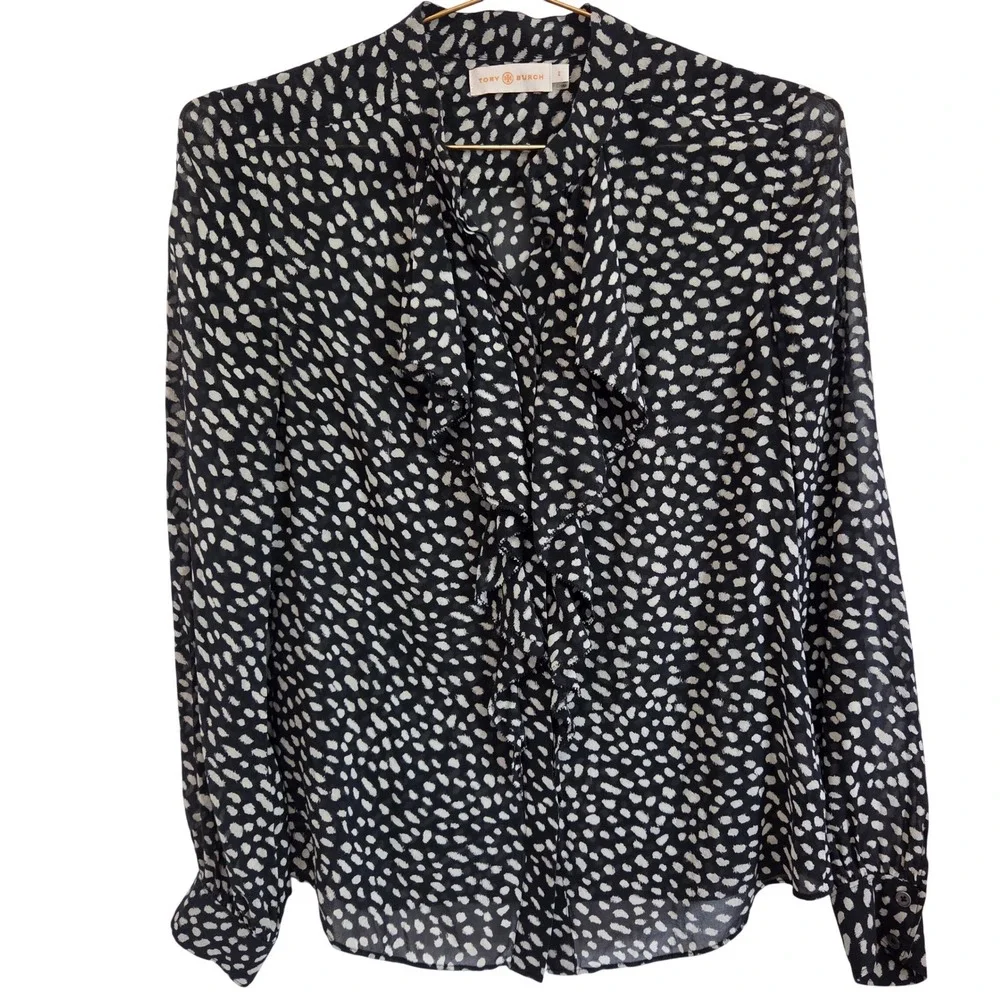 Tory Burch Black White Silk Ruffle Front Blouse Abstract Dot Print Size 2